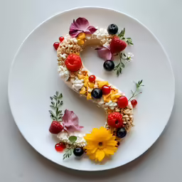 a white plate has a letter made out of fruits and flowers