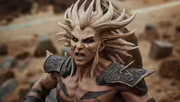 a model is posed wearing armor, and an intense expression