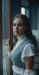 woman with blue eyes standing next to window