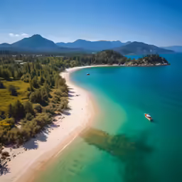 a sandy beach surrounded by green trees next to the ocean