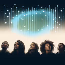 a group of women under an abstract cloud with blue rain