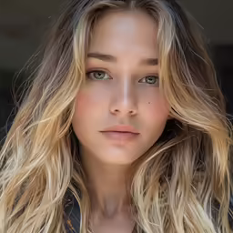 a woman with long blonde hair looks at the camera