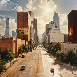 a city street filled with tall buildings under cloudy skies