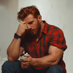 a man with red hair and a watch sitting down on a couch