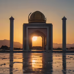 an image of the sun setting at the end of a mosque