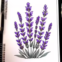 a book with some flowers drawn in it,a picture of a bunch of purple flowers on paper,drawing of a plant with purple flowers,an image of purple flowers on white background,a drawing with purple flowers in the middle