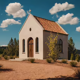 a church that has a brown roof and is surrounded by trees and shrubs