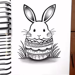 the bunny is sitting on the grass with a basket,an egg with a rabbit face inside sits on a notepad,this easter bunny has an interesting face and is sitting in the grass,a drawing of a bunny with a basket of eggs,a drawing of an easter bunny holding an egg