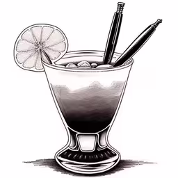 a sketch of a drink with ice, lemon and a straw,a drawing of an alcoholic drink with three lemon slices
