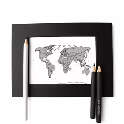 a world map with black marker pens sitting next to it