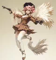 a woman dressed in a costume with angel wings and weapons, posing in the air