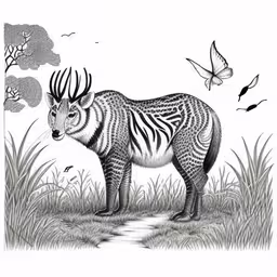 the zebra with large antlers stands on a grassy plain near butterflies,an animal that is looking at the camera