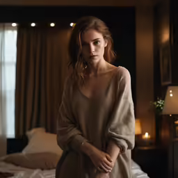 a woman wearing a tan sweater standing in a hotel room