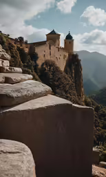 a castle on a rocky mountain overlooking the mountains