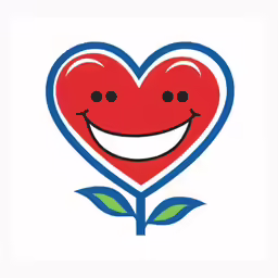 a red heart with a flower and smiling