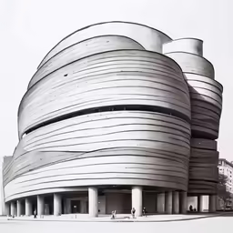 a tall building has two large round towers