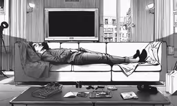 a woman lies on a couch watching tv in a living room,black and white drawing of a man lying on the sofa