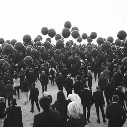 many people with black and white balloons in the air