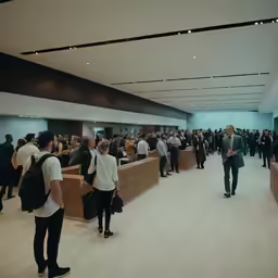 many people are gathered in the lobby of an airport