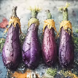 four purple vegetables with some brown patches in them