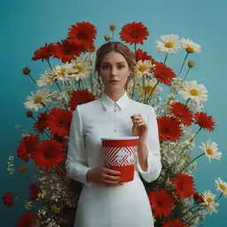 a woman holding a cup in front of flowers