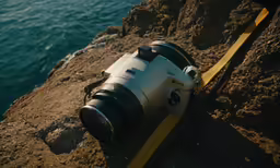an old camera sitting on a rock by the ocean