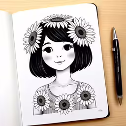 a drawing in a notebook on top of a table,an open book next to a pen and drawing