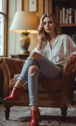 a woman sitting on top of a leather chair wearing boots