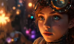 a little girl with a steam mask on and an umbrella in the background