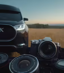 the camera is sitting on a pile of different objects
