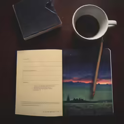 a close up of a cup of coffee near a notebook