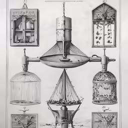 an antique print depicting several items hanging from hooks and chandeliers