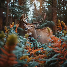 a white - tailed deer stands among the woods looking on
