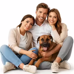 a family with dog sitting on the ground