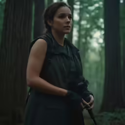 a young woman with glasses standing in the middle of the woods