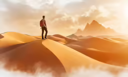 a man standing on top of a tall sand dune