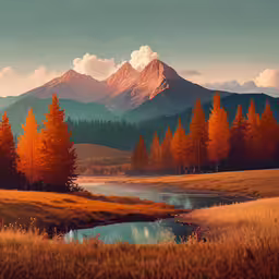 an orange sunrise over mountains with trees in the foreground and a creek in the middle,there is a large mountain and trees in the field