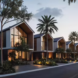 some houses with palm trees in front of them