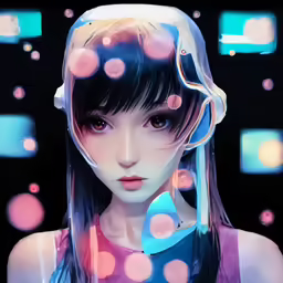 a digital painting of a girl with blue and pink lights