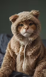 the cat is wearing a furry coat that has a cord on it