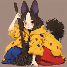 a woman in a yellow jacket and blue dress with black hair