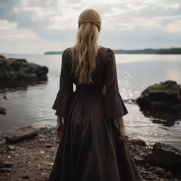 a woman with long hair in a brown dress is looking out to the water