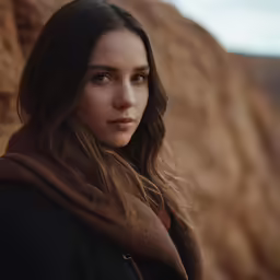 a woman with long brown hair and a brown scarf on her neck standing near some rocks