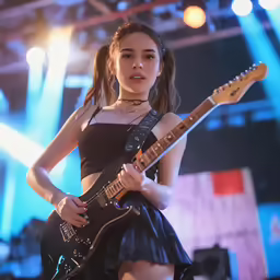 girl in short dress playing guitar in concert