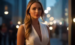 a woman with a white dress stands in front of a glass door
