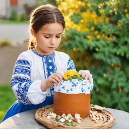 a girl is decorating a cake on a table