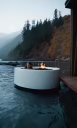 a man is floating in an oval hot tub