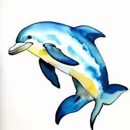 a watercolor drawing of a dolphin with a yellow belly,the drawing shows a blue dolphin in the water