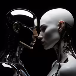 a couple of robots touching noses with each other