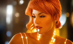 a woman wearing lights around her lips is smoking